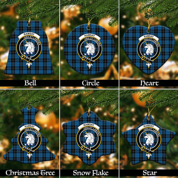 Ramsay Blue Hunting Tartan Christmas Ceramic Ornaments with Family Crest