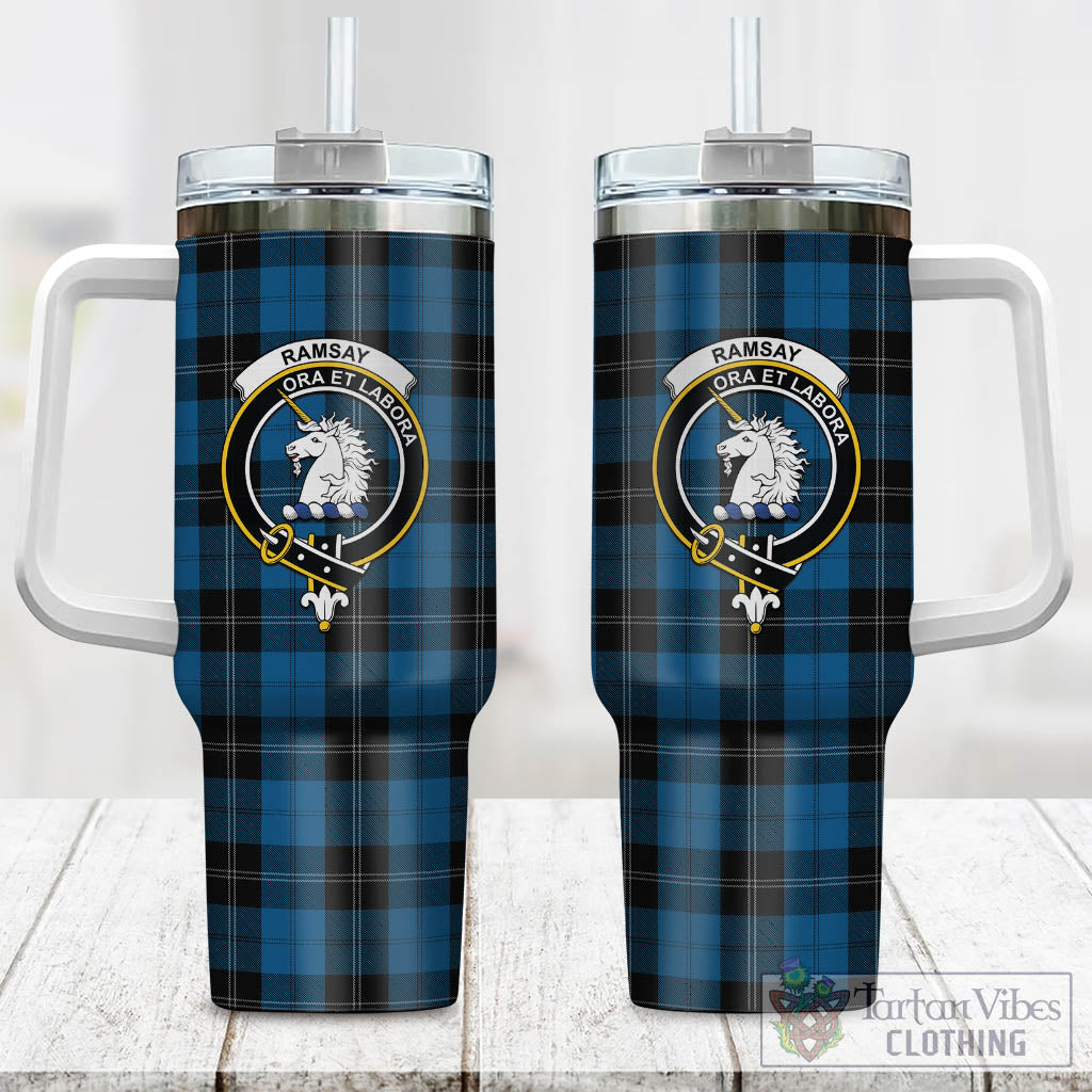 Tartan Vibes Clothing Ramsay Blue Hunting Tartan and Family Crest Tumbler with Handle