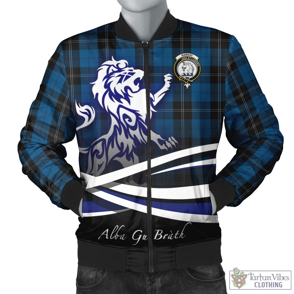 Tartan Vibes Clothing Ramsay Blue Hunting Tartan Bomber Jacket with Alba Gu Brath Regal Lion Emblem