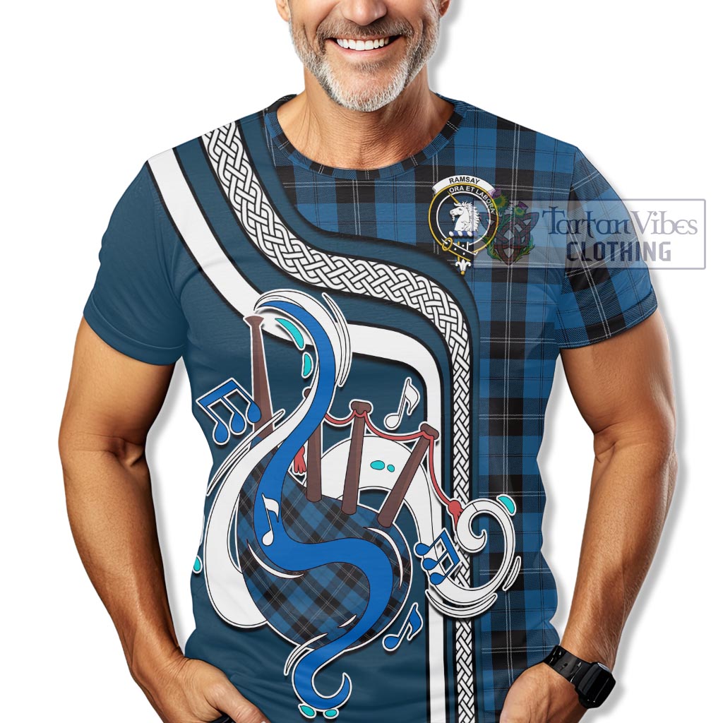 Tartan Vibes Clothing Ramsay Blue Hunting Tartan T-Shirt with Epic Bagpipe Style