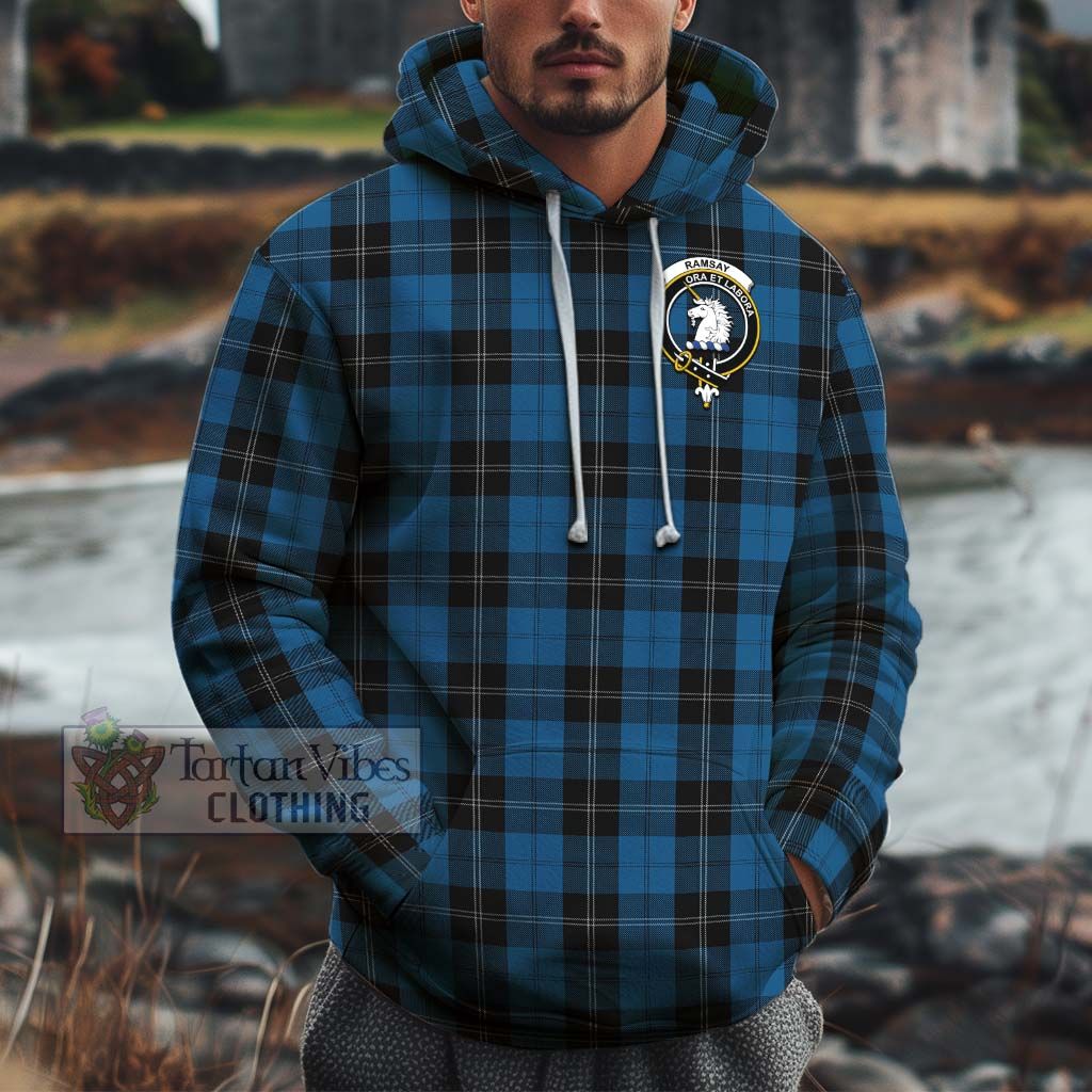 Tartan Vibes Clothing Ramsay Blue Hunting Tartan Cotton Hoodie with Family Crest