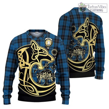Ramsay Blue Hunting Tartan Knitted Sweater with Family Crest Celtic Wolf Style