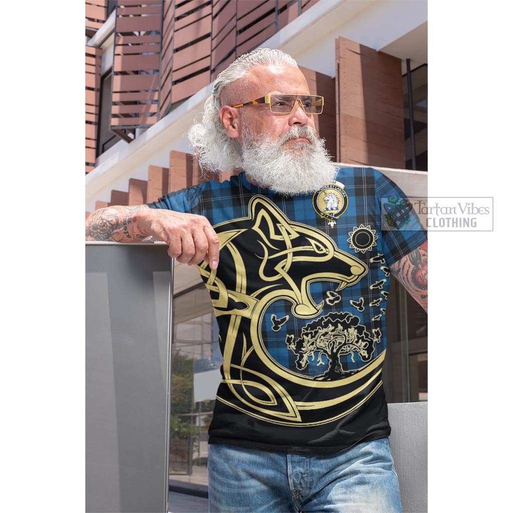 Tartan Vibes Clothing Ramsay Blue Hunting Tartan Cotton T-shirt with Family Crest Celtic Wolf Style