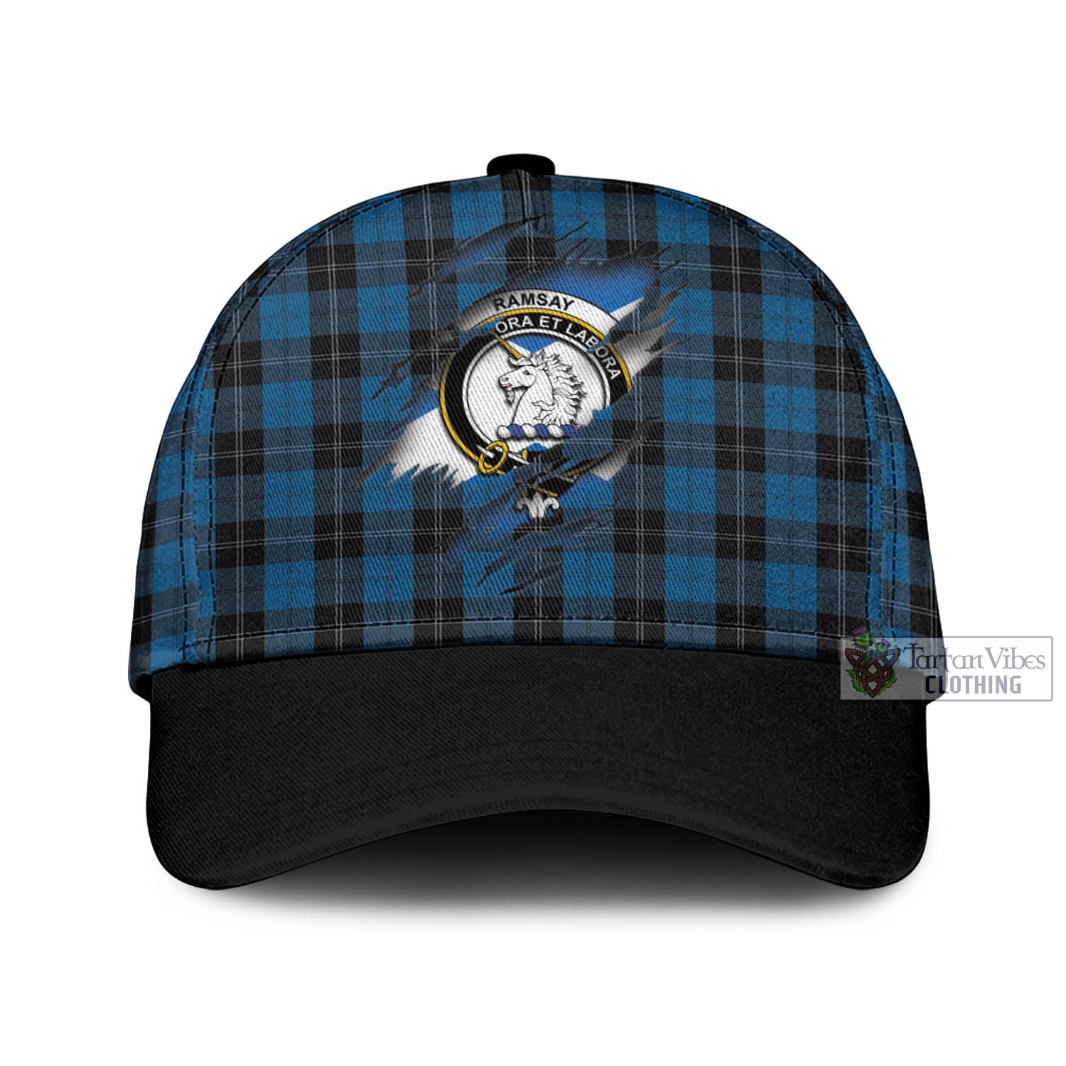 Tartan Vibes Clothing Ramsay Blue Hunting Tartan Classic Cap with Family Crest In Me Style