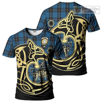 Ramsay Blue Hunting Tartan T-Shirt with Family Crest Celtic Wolf Style