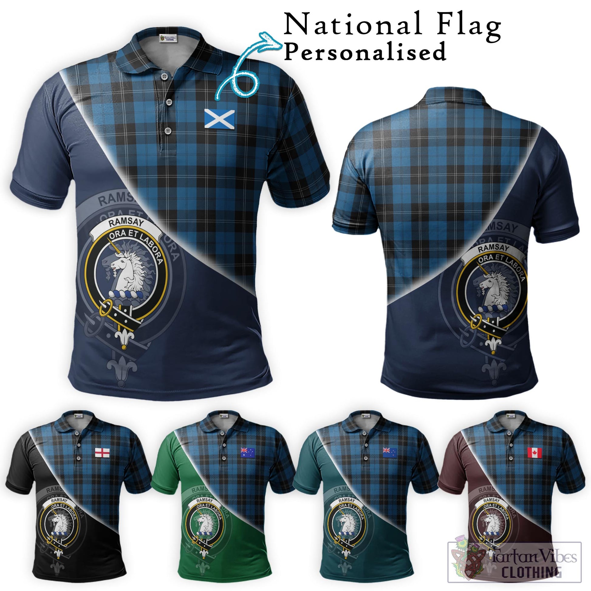 Tartan Vibes Clothing Ramsay Blue Hunting Tartan Polo Shirt with Personalised National Flag and Family Crest Half Style