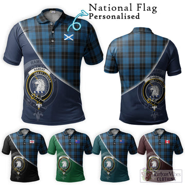 Ramsay Blue Hunting Tartan Polo Shirt with Personalised National Flag and Family Crest Half Style