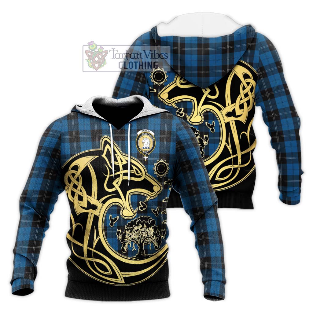 Tartan Vibes Clothing Ramsay Blue Hunting Tartan Knitted Hoodie with Family Crest Celtic Wolf Style