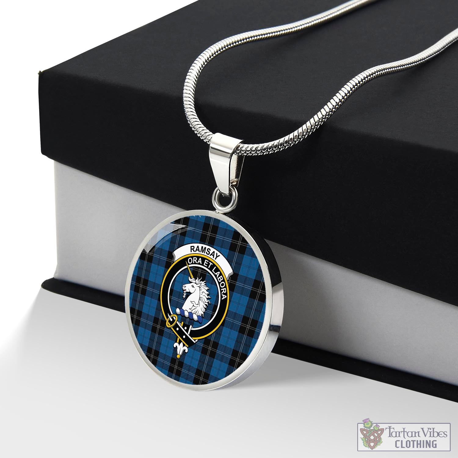 Tartan Vibes Clothing Ramsay Blue Hunting Tartan Circle Necklace with Family Crest