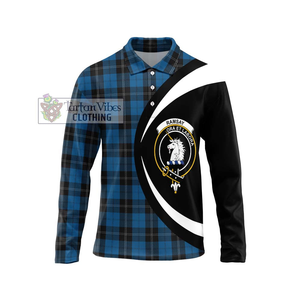 Ramsay Blue Hunting Tartan Long Sleeve Polo Shirt with Family Crest Circle Style Unisex - Tartan Vibes Clothing