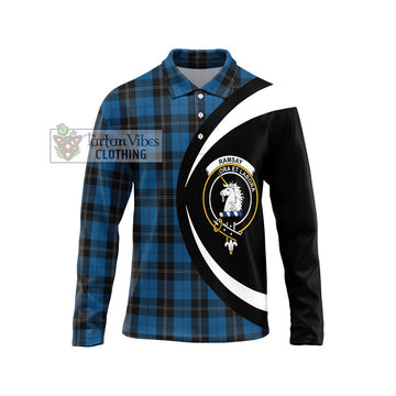 Ramsay Blue Hunting Tartan Long Sleeve Polo Shirt with Family Crest Circle Style