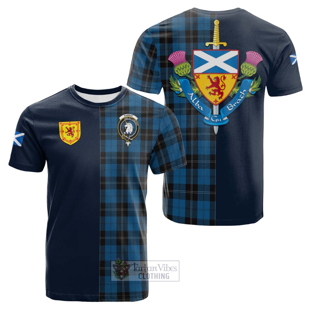 Tartan Vibes Clothing Ramsay Blue Hunting Tartan Cotton T-shirt with Scottish Lion Royal Arm Half Style