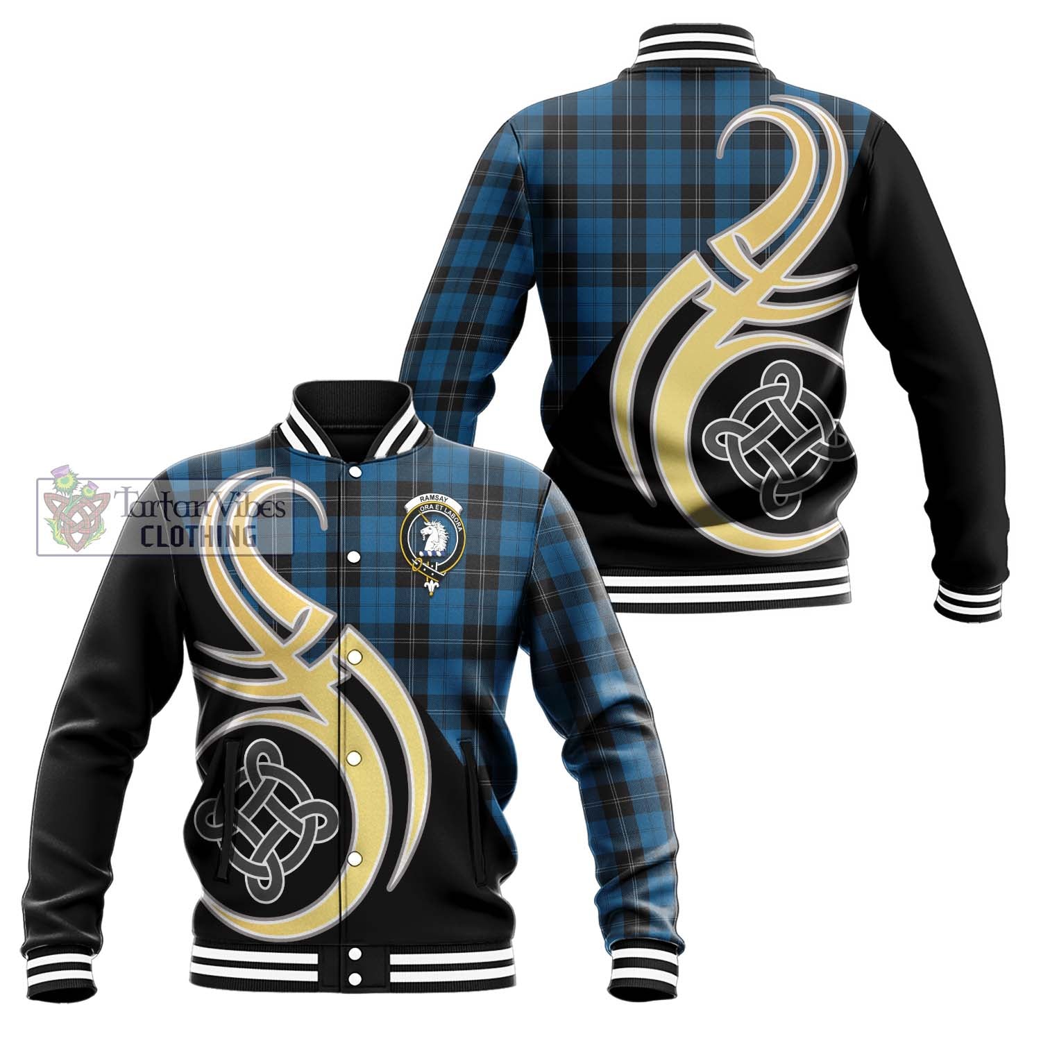 Tartan Vibes Clothing Ramsay Blue Hunting Tartan Baseball Jacket with Family Crest and Celtic Symbol Style