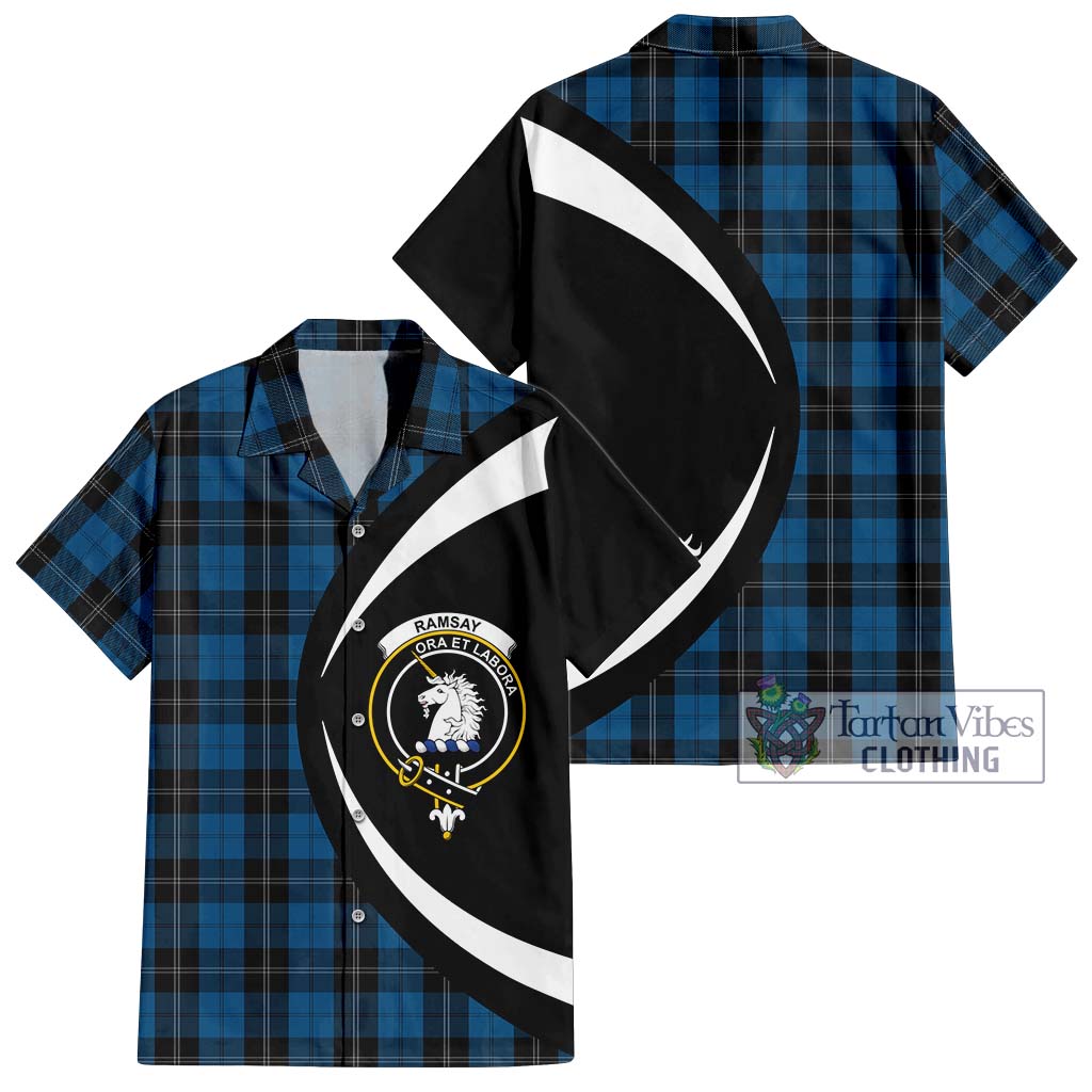 Ramsay Blue Hunting Tartan Short Sleeve Button Up with Family Crest Circle Style Kid - Tartan Vibes Clothing