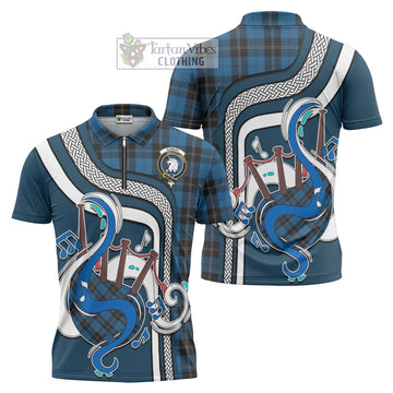 Ramsay Blue Hunting Tartan Zipper Polo Shirt with Epic Bagpipe Style