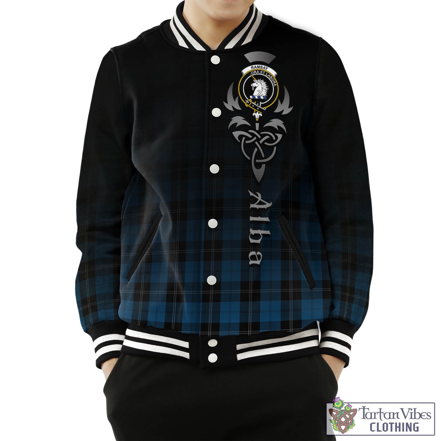 Tartan Vibes Clothing Ramsay Blue Hunting Tartan Baseball Jacket Featuring Alba Gu Brath Family Crest Celtic Inspired