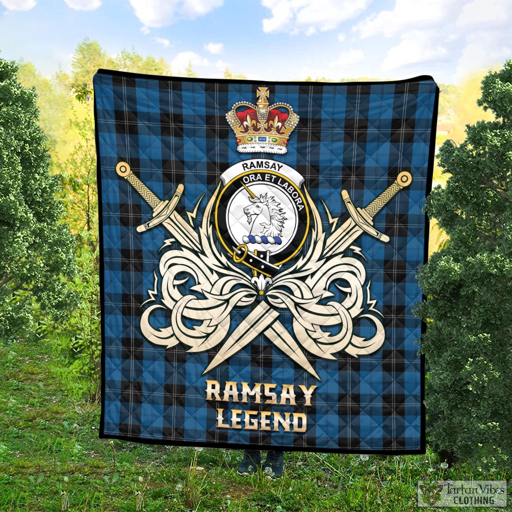 Tartan Vibes Clothing Ramsay Blue Hunting Tartan Quilt with Clan Crest and the Golden Sword of Courageous Legacy