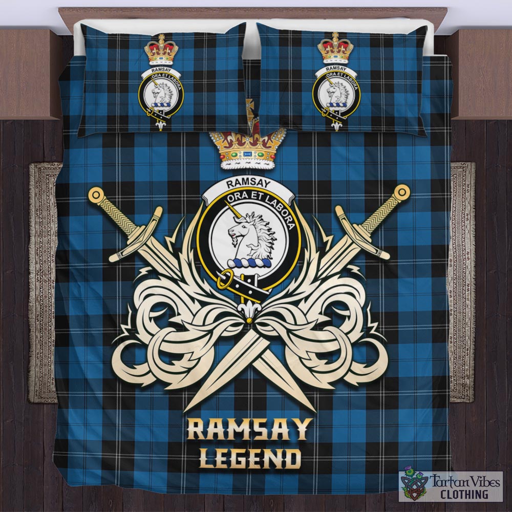 Tartan Vibes Clothing Ramsay Blue Hunting Tartan Bedding Set with Clan Crest and the Golden Sword of Courageous Legacy