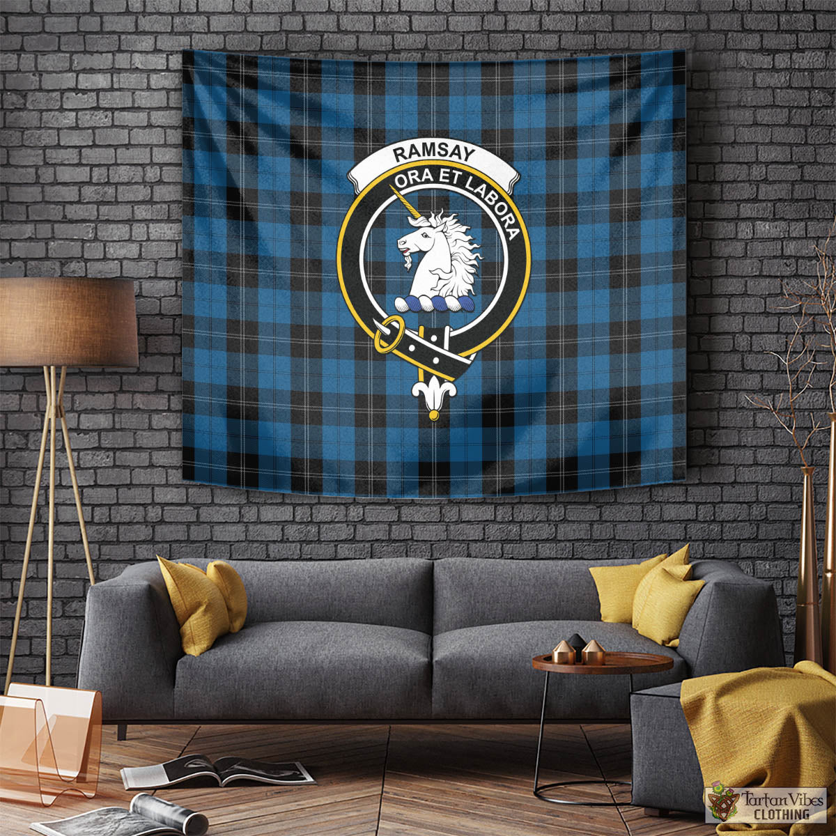 Tartan Vibes Clothing Ramsay Blue Hunting Tartan Tapestry Wall Hanging and Home Decor for Room with Family Crest