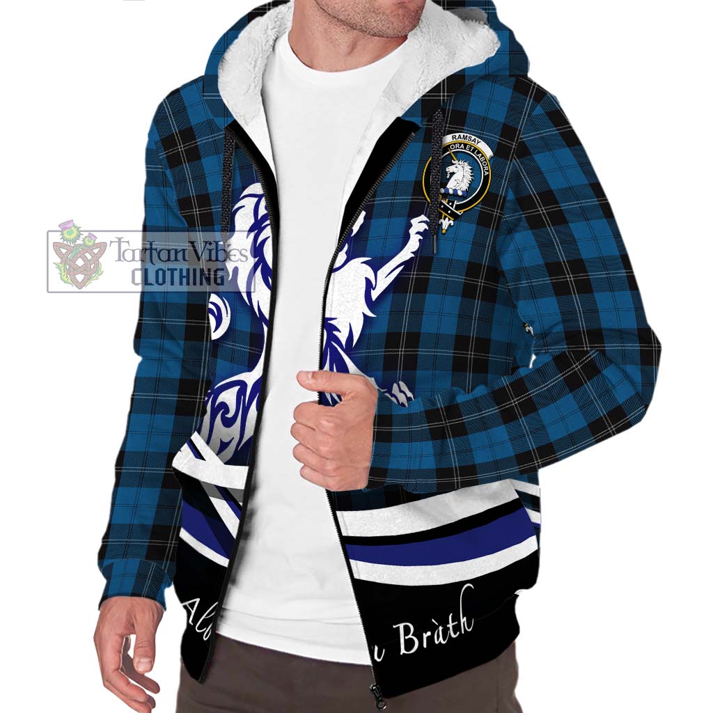 Tartan Vibes Clothing Ramsay Blue Hunting Tartan Sherpa Hoodie with Alba Gu Brath Regal Lion Emblem