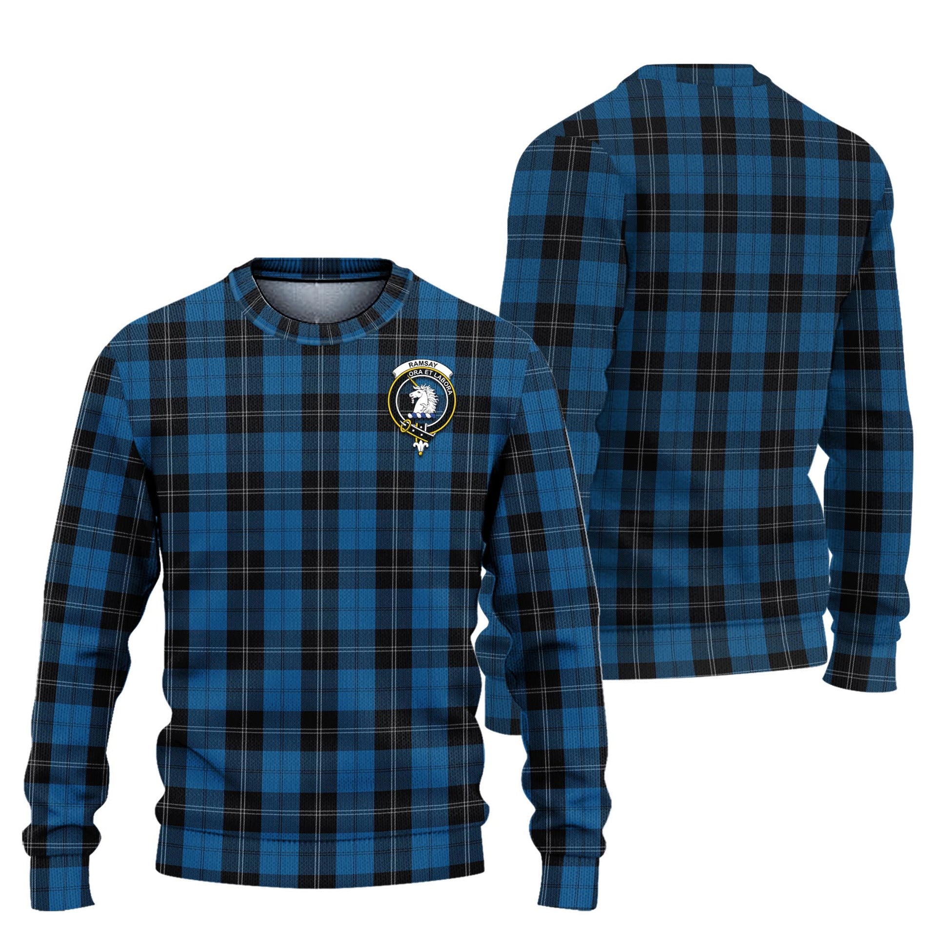 Ramsay Blue Hunting Tartan Knitted Sweater with Family Crest Unisex - Tartanvibesclothing