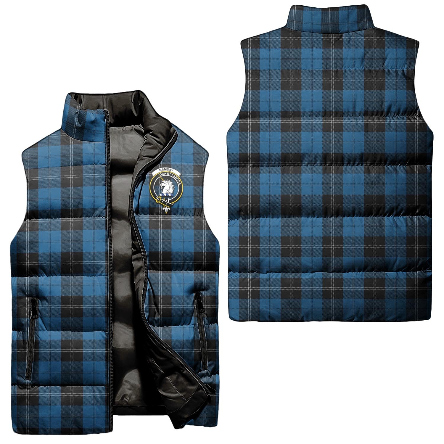 Ramsay Blue Hunting Tartan Sleeveless Puffer Jacket with Family Crest Unisex - Tartanvibesclothing