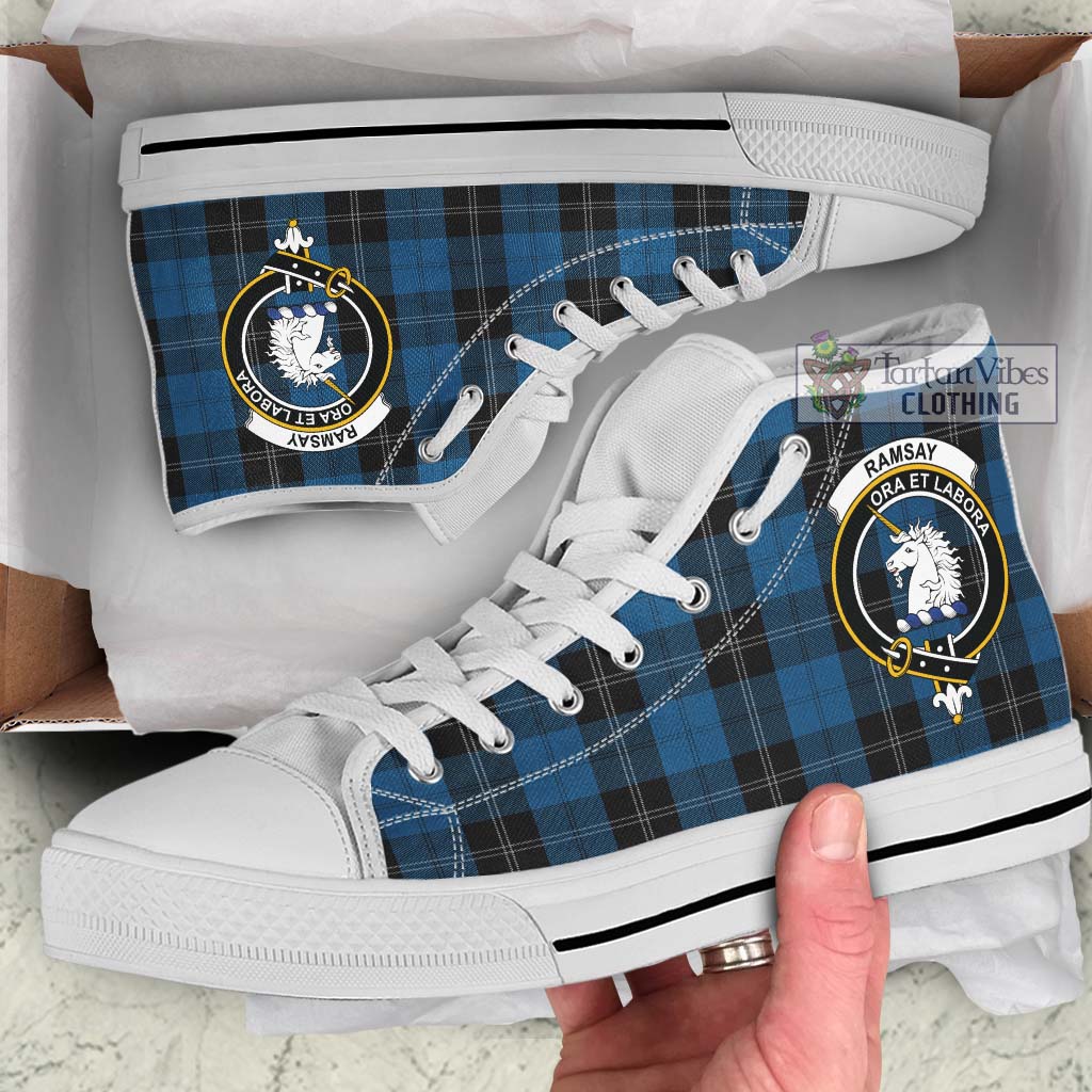 Tartan Vibes Clothing Ramsay Blue Hunting Tartan High Top Shoes with Family Crest