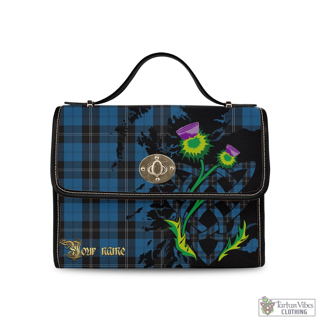 Tartan Vibes Clothing Ramsay Blue Hunting Tartan Waterproof Canvas Bag with Scotland Map and Thistle Celtic Accents