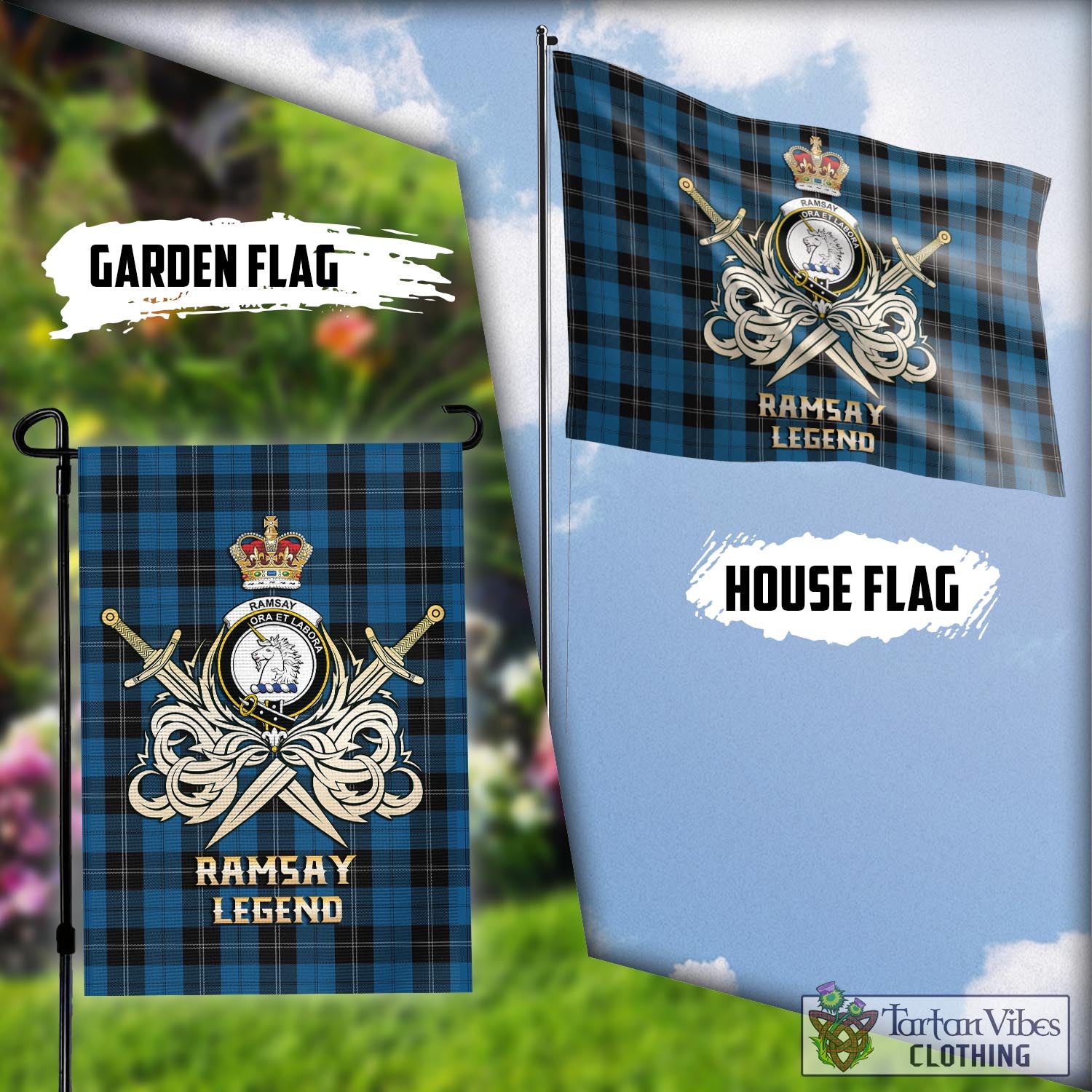 Tartan Vibes Clothing Ramsay Blue Hunting Tartan Flag with Clan Crest and the Golden Sword of Courageous Legacy