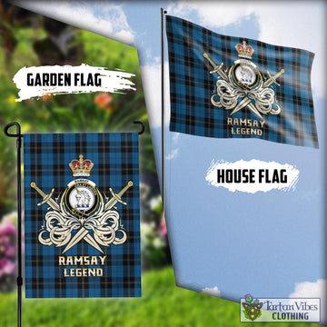 Ramsay Blue Hunting Tartan Flag with Clan Crest and the Golden Sword of Courageous Legacy