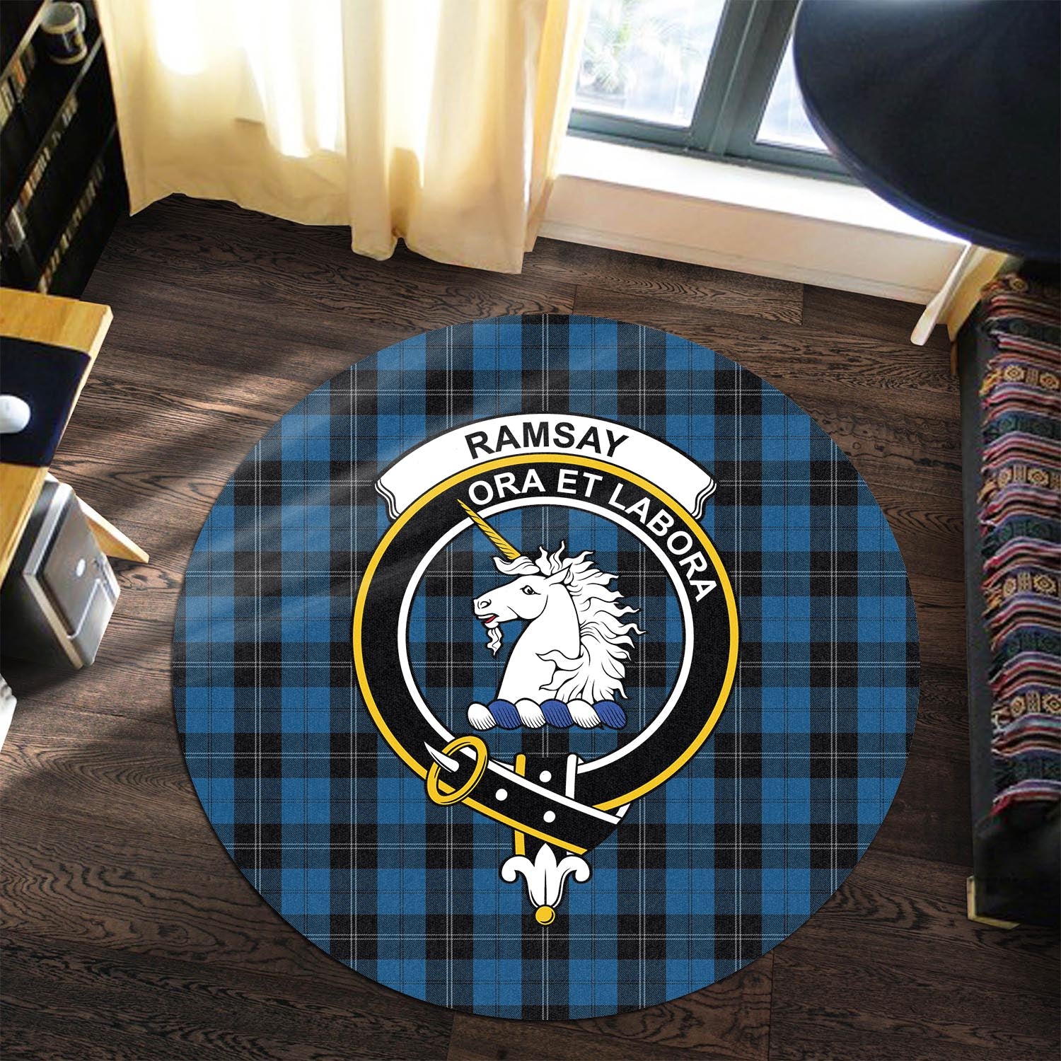 ramsay-blue-hunting-tartan-round-rug-with-family-crest