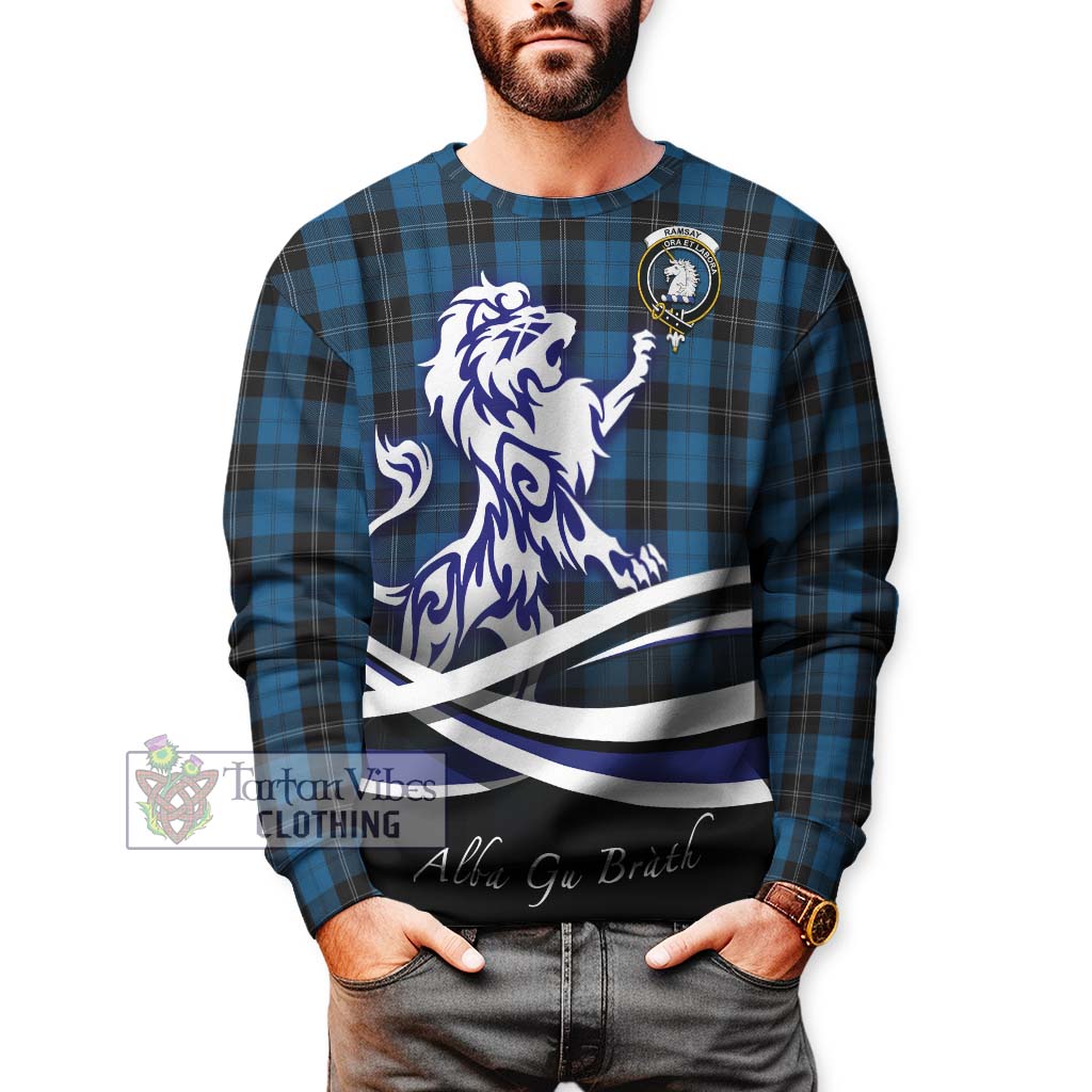 Tartan Vibes Clothing Ramsay Blue Hunting Tartan Sweatshirt with Alba Gu Brath Regal Lion Emblem