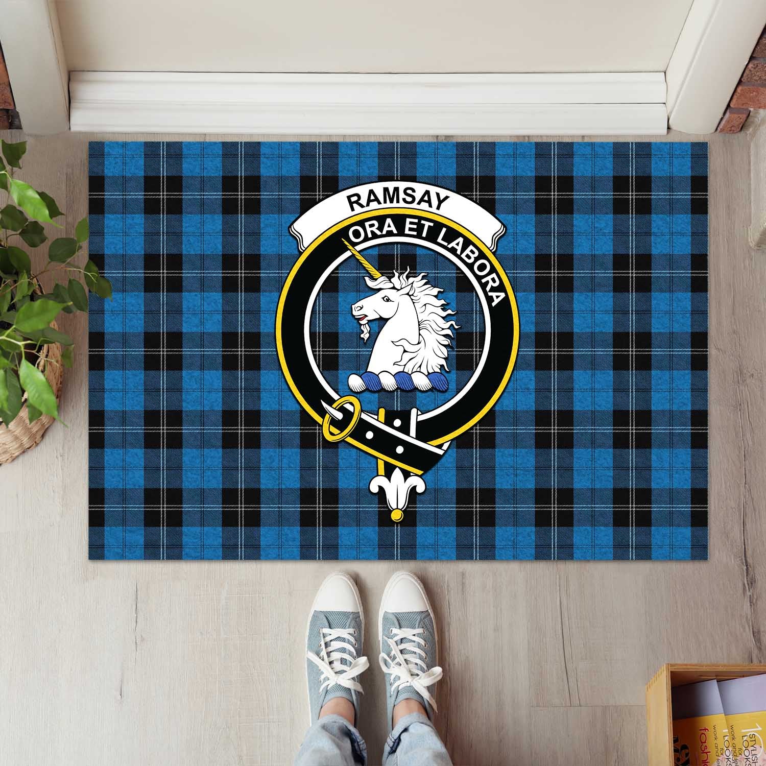 Ramsay Blue Hunting Tartan Door Mat with Family Crest - Tartanvibesclothing