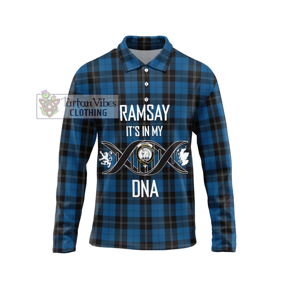 Tartan Vibes Clothing Ramsay Blue Hunting Tartan Long Sleeve Polo Shirt with Family Crest DNA In Me Style