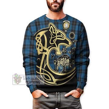 Ramsay Blue Hunting Tartan Sweatshirt with Family Crest Celtic Wolf Style