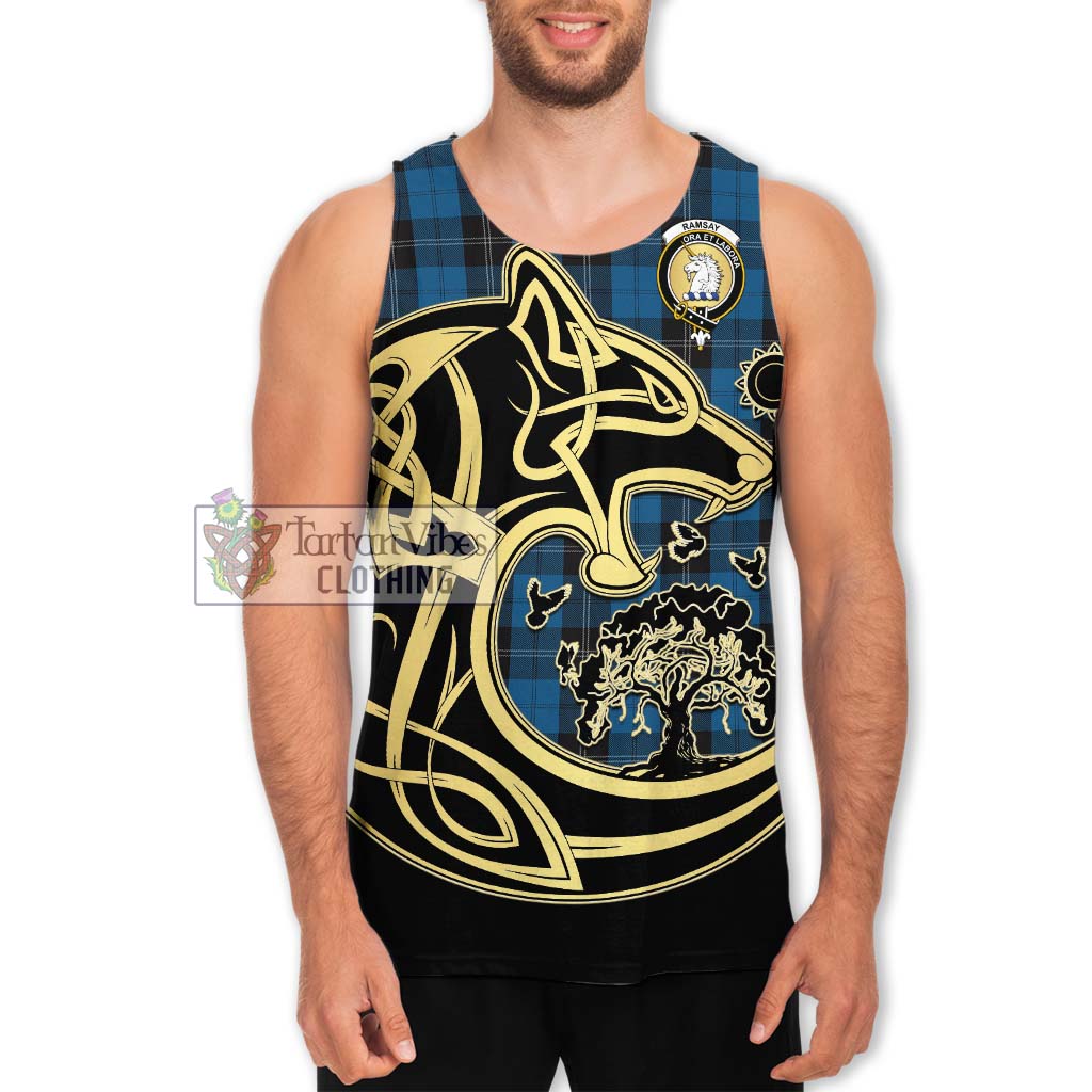 Tartan Vibes Clothing Ramsay Blue Hunting Tartan Men's Tank Top with Family Crest Celtic Wolf Style