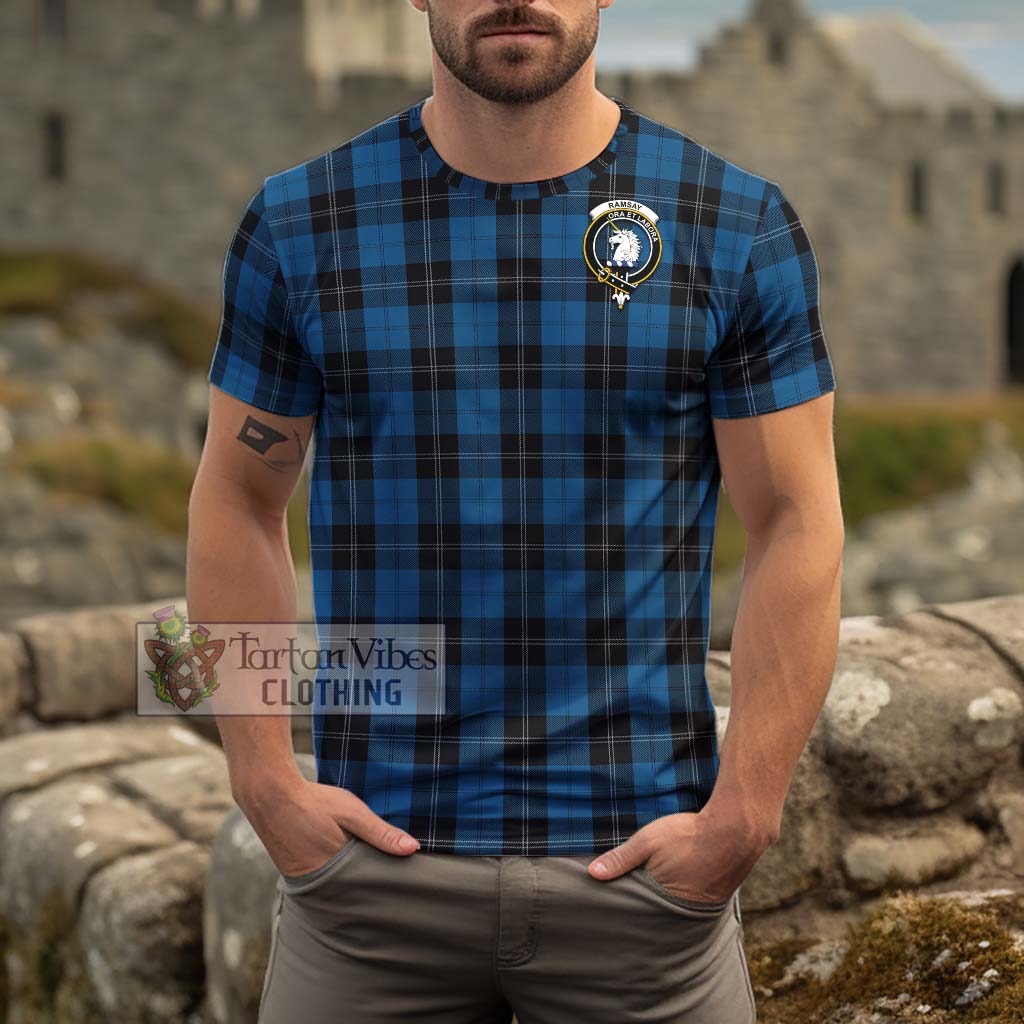 Tartan Vibes Clothing Ramsay Blue Hunting Tartan Cotton T-Shirt with Family Crest