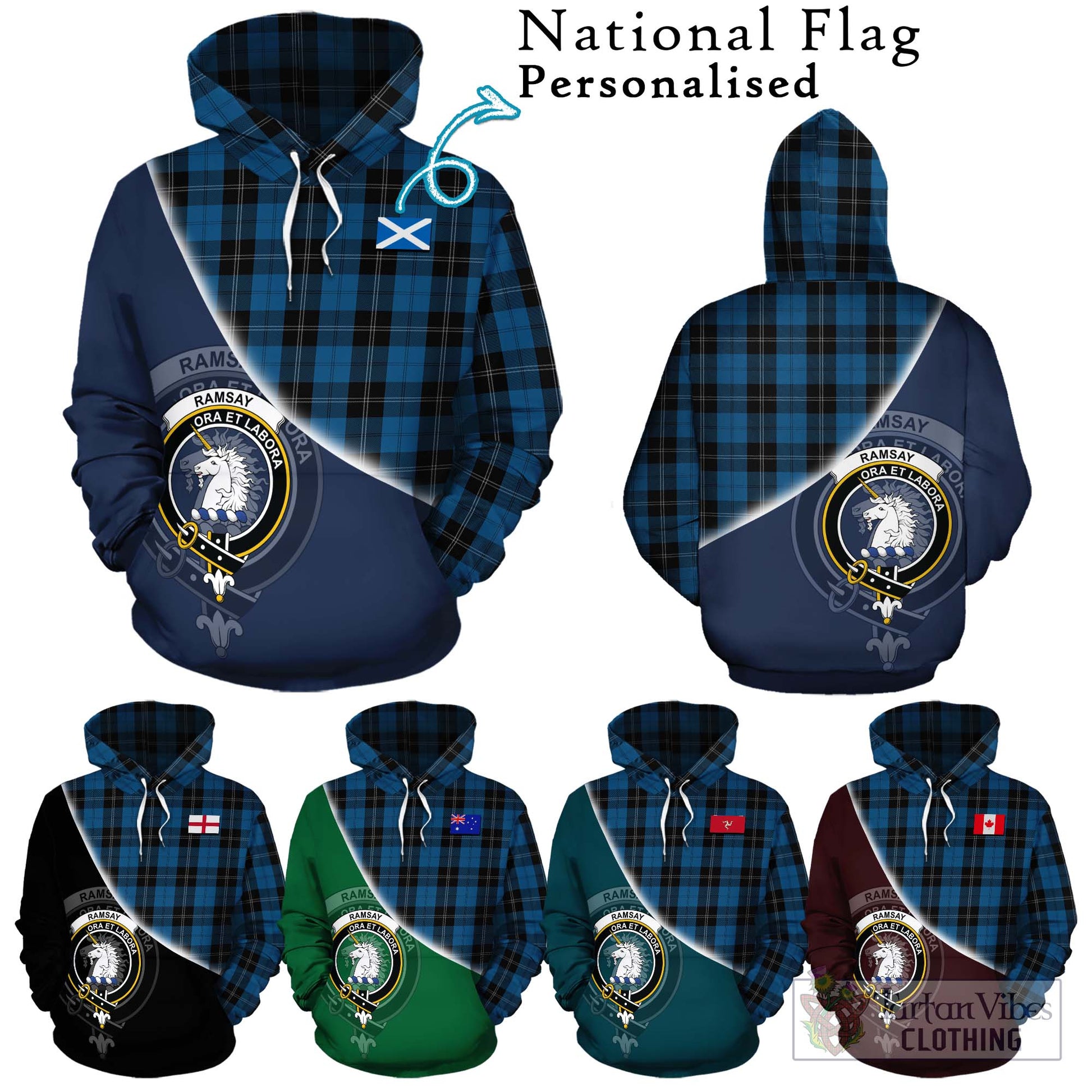 Tartan Vibes Clothing Ramsay Blue Hunting Tartan Hoodie with Personalised National Flag and Family Crest Half Style