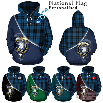 Ramsay Blue Hunting Tartan Hoodie with Personalised National Flag and Family Crest Half Style