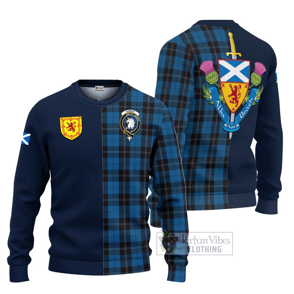 Tartan Vibes Clothing Ramsay Blue Hunting Tartan Knitted Sweater with Scottish Lion Royal Arm Half Style