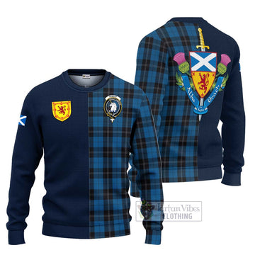 Ramsay Blue Hunting Tartan Knitted Sweater with Scottish Lion Royal Arm Half Style