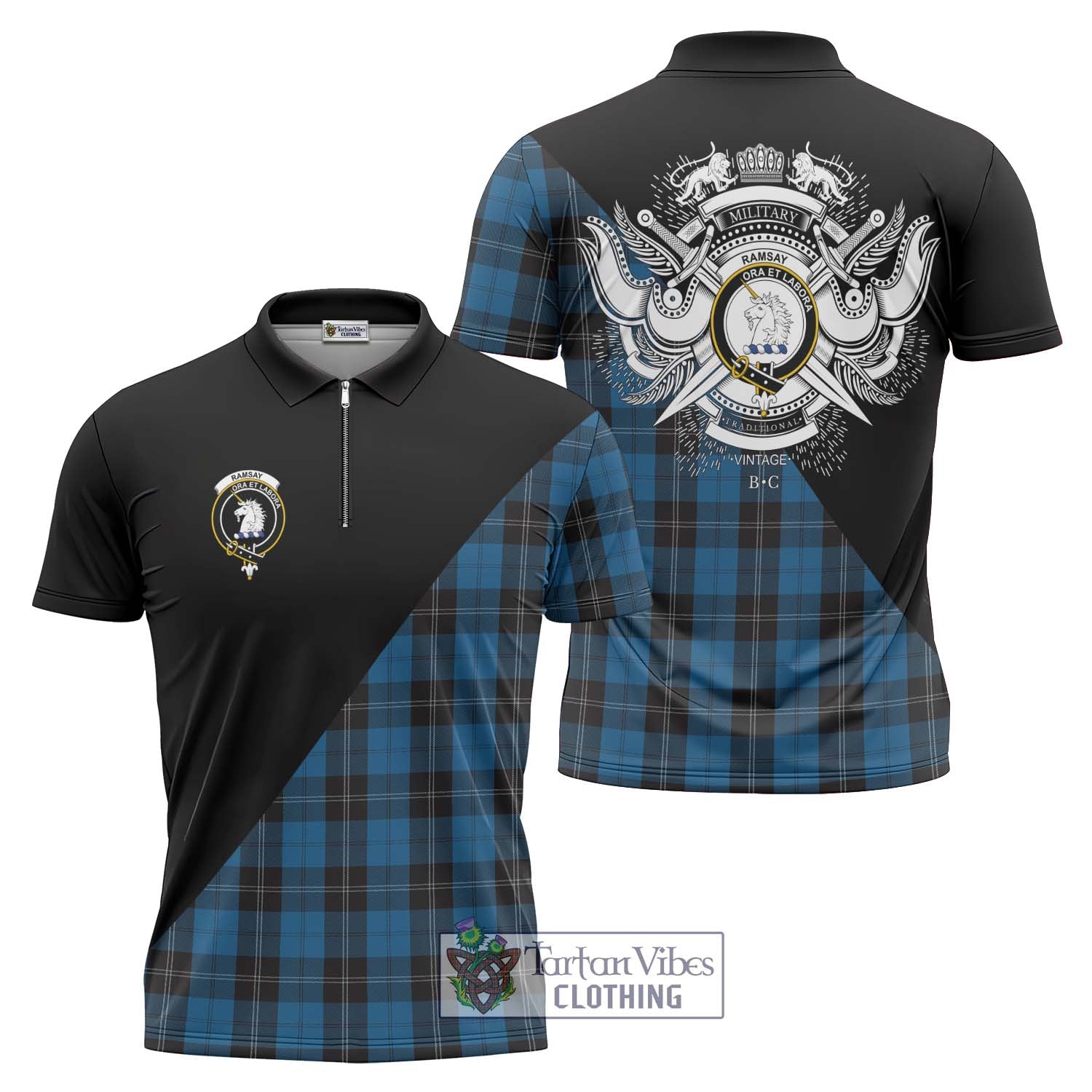 Tartan Vibes Clothing Ramsay Blue Hunting Tartan Zipper Polo Shirt with Family Crest and Military Logo Style