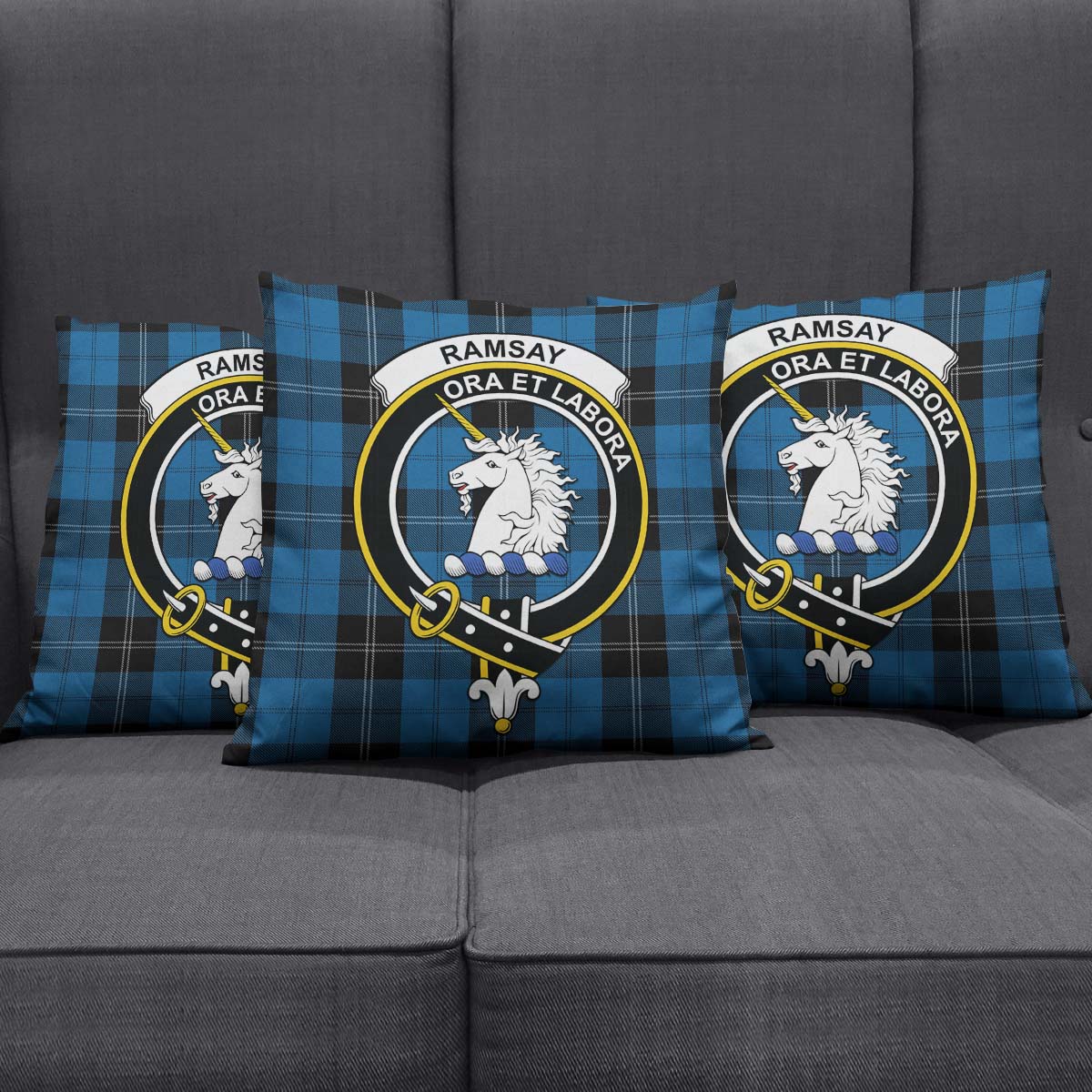 Ramsay Blue Hunting Tartan Pillow Cover with Family Crest Square Pillow Cover - Tartanvibesclothing