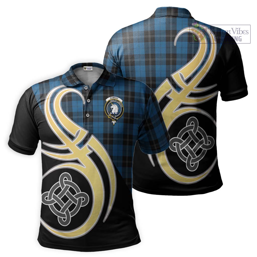 Tartan Vibes Clothing Ramsay Blue Hunting Tartan Polo Shirt with Family Crest and Celtic Symbol Style