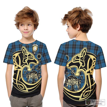 Ramsay Blue Hunting Tartan Kid T-Shirt with Family Crest Celtic Wolf Style