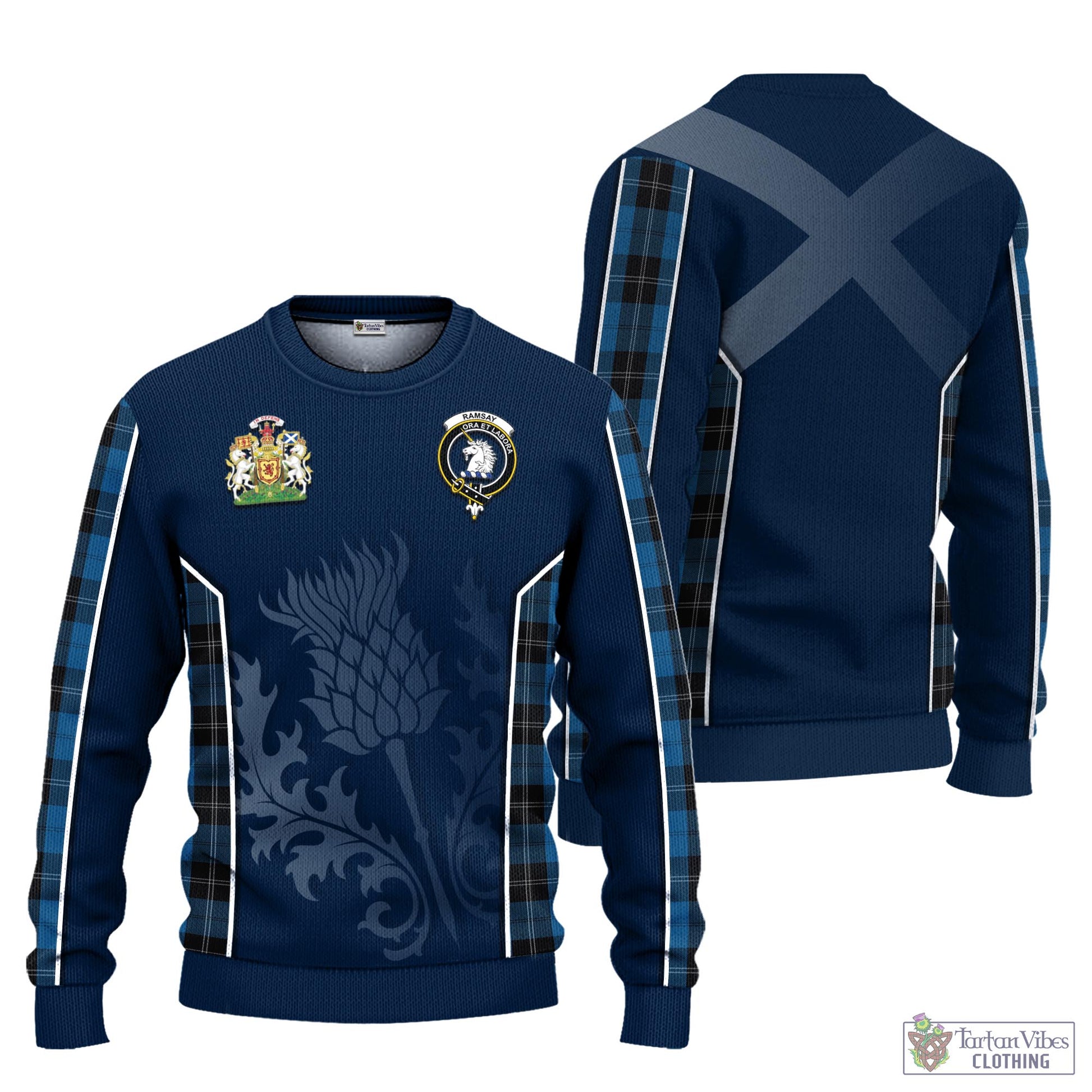 Tartan Vibes Clothing Ramsay Blue Hunting Tartan Knitted Sweatshirt with Family Crest and Scottish Thistle Vibes Sport Style