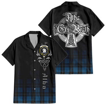 Ramsay Blue Hunting Tartan Short Sleeve Button Up Shirt Featuring Alba Gu Brath Family Crest Celtic Inspired