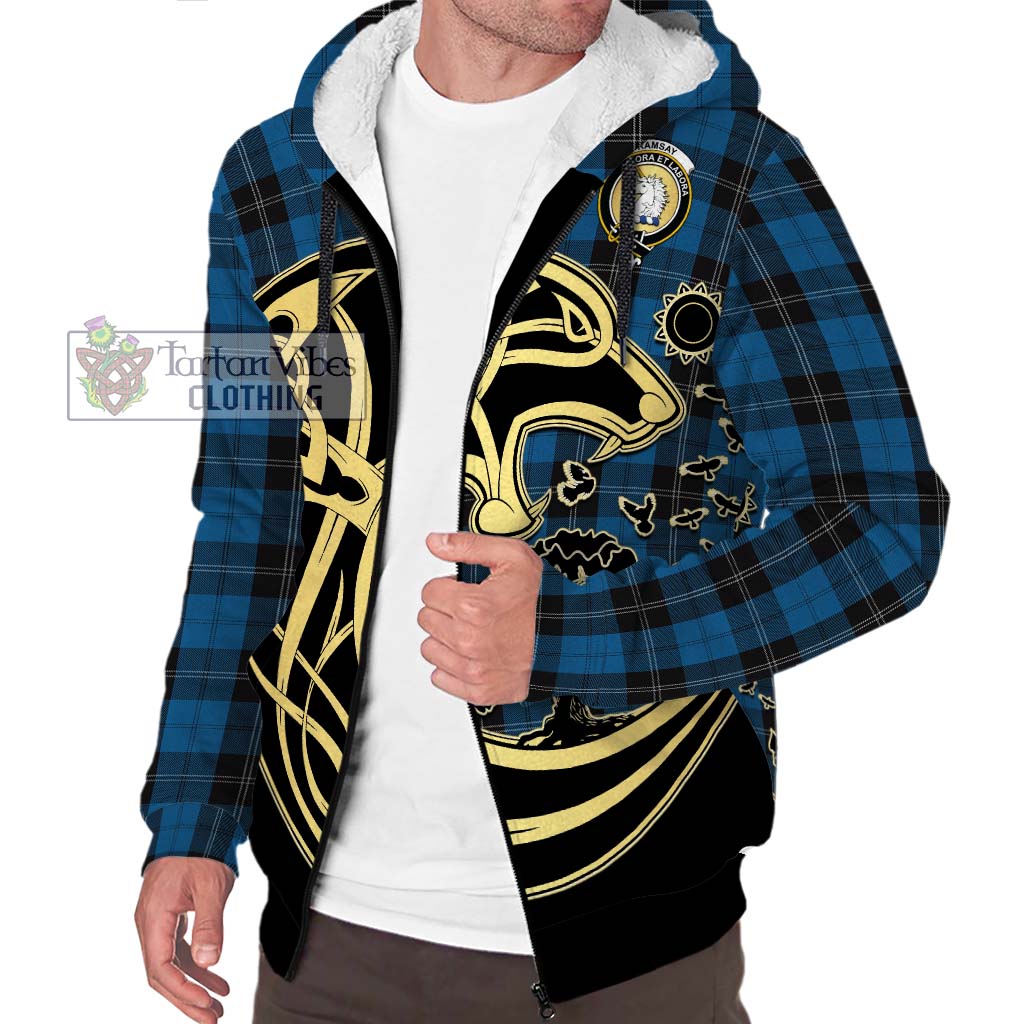 Tartan Vibes Clothing Ramsay Blue Hunting Tartan Sherpa Hoodie with Family Crest Celtic Wolf Style