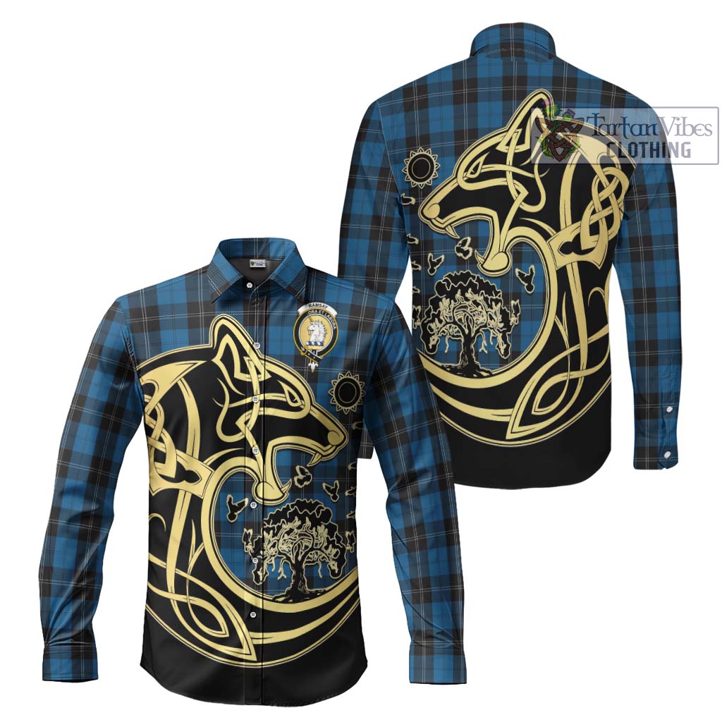 Tartan Vibes Clothing Ramsay Blue Hunting Tartan Long Sleeve Button Shirt with Family Crest Celtic Wolf Style