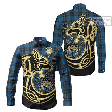 Ramsay Blue Hunting Tartan Long Sleeve Button Shirt with Family Crest Celtic Wolf Style